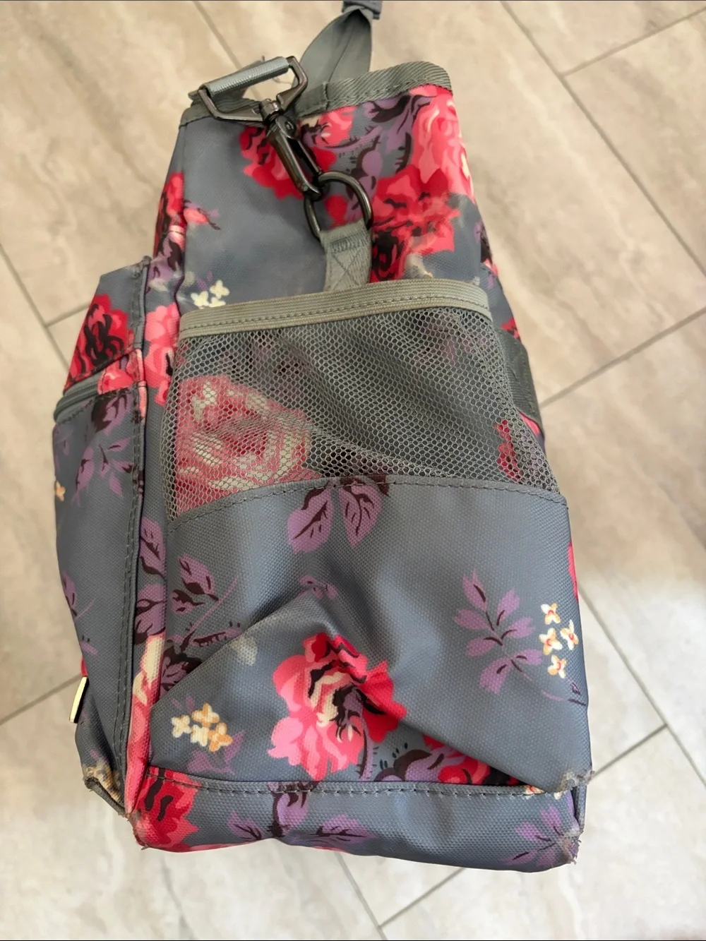 Ranken Floral Gray Baby Bag Tote Diaper a bag with Pink Rose Print